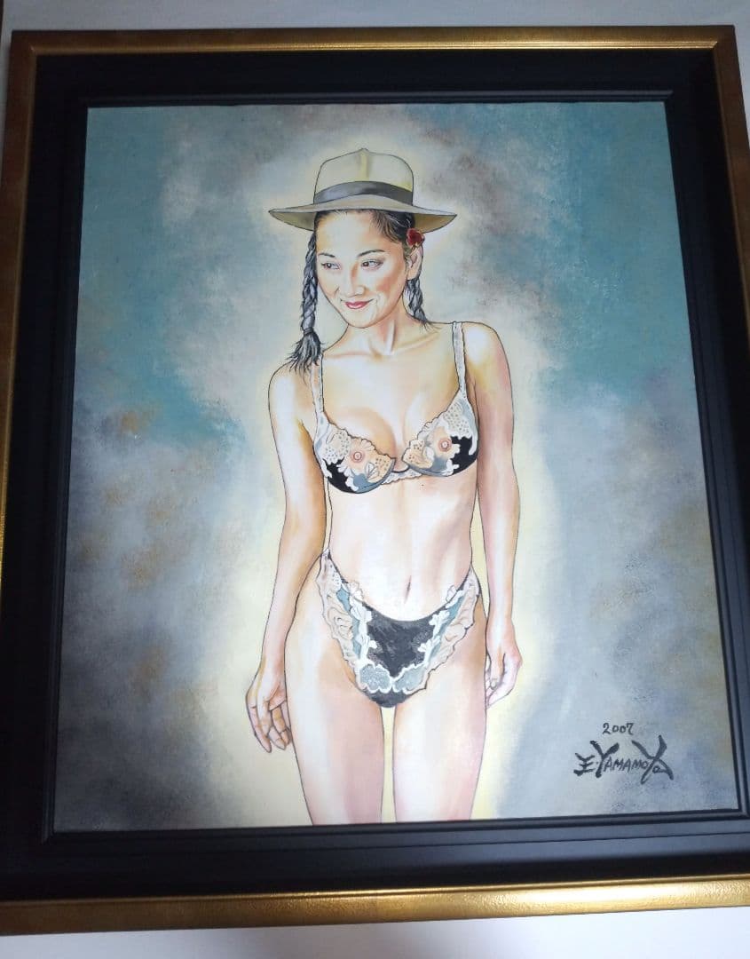 裸婦、美人画、絵画、油彩１０号、ハット山本英二、真作、肉筆、新品額縁、高塚省吾。