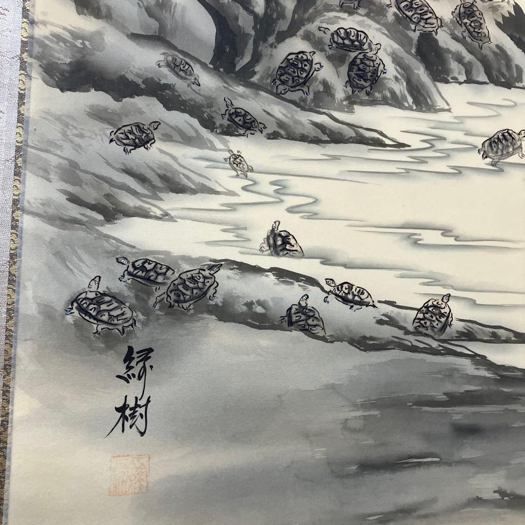 亀之図 甲斐緑樹 尺三 掛軸 落款印 桐箱