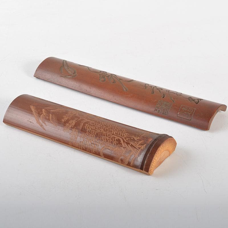 茶道具　古竹　漢詩刻　山水人物刻　茶合　碗鎮　在銘　2点まとめて　M　R6743