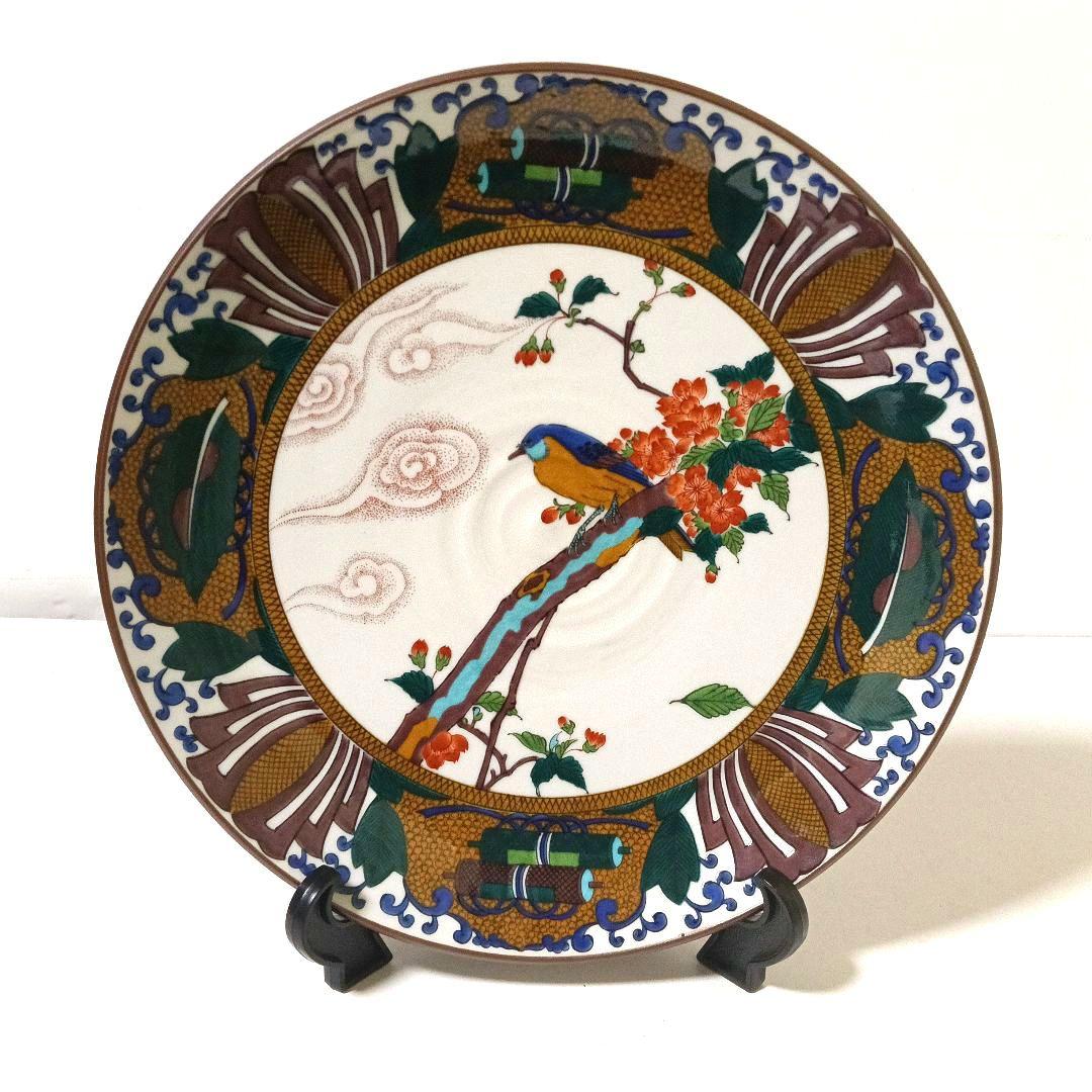 美品 九谷焼 九谷仙龍 大皿 飾皿 古九谷花鳥（皿立付）30cm