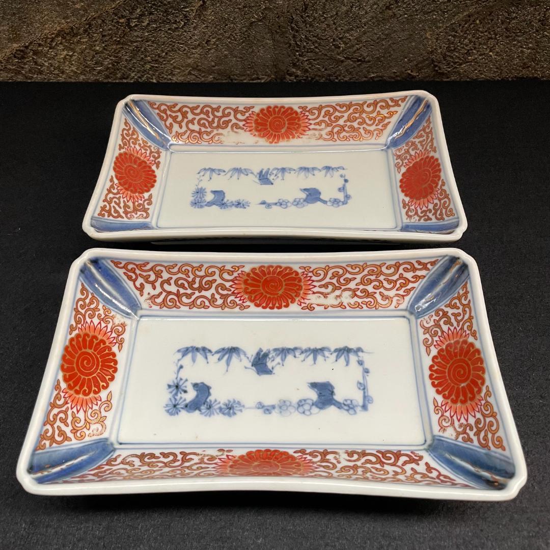 江戸期 富貴長春 古伊万里 染付 金彩 色絵 骨董 長皿 蛸唐草紋 美品 2客