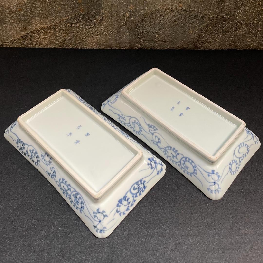 江戸期 富貴長春 古伊万里 染付 金彩 色絵 骨董 長皿 蛸唐草紋 美品 2客