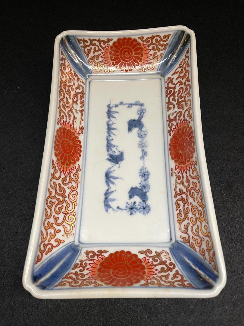 江戸期 富貴長春 古伊万里 染付 金彩 色絵 骨董 長皿 蛸唐草紋 美品 2客