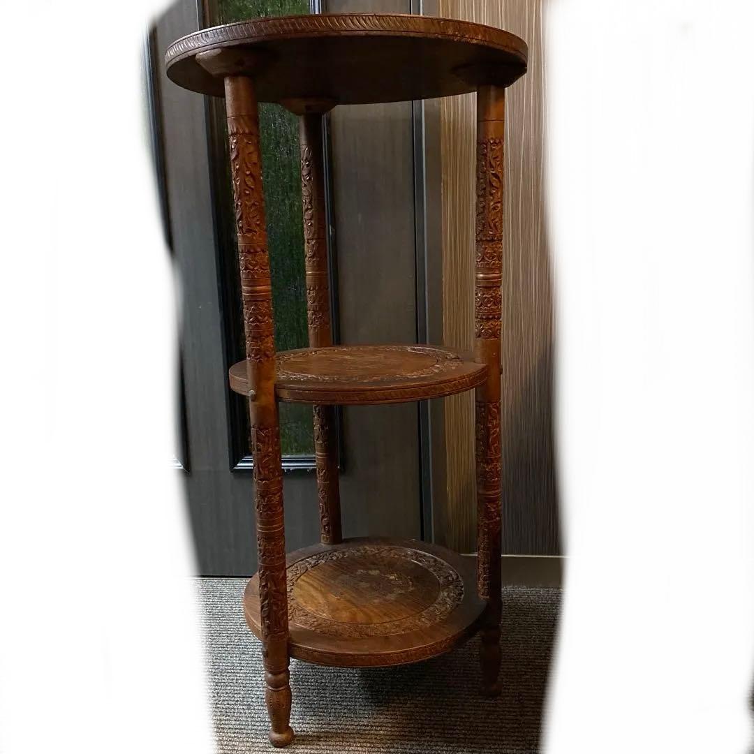 INDIA製 インド製　木製3段サイドテーブル　アンティーク