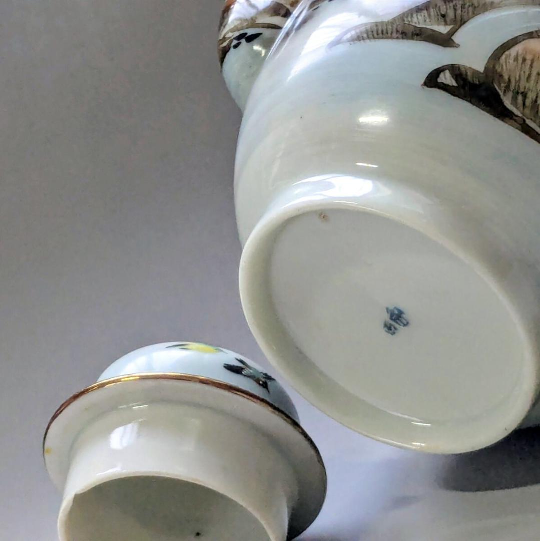 オールドニッポン ポット　花鳥図　白釉盛上　花摘み・フラワーハンドル　超細密画