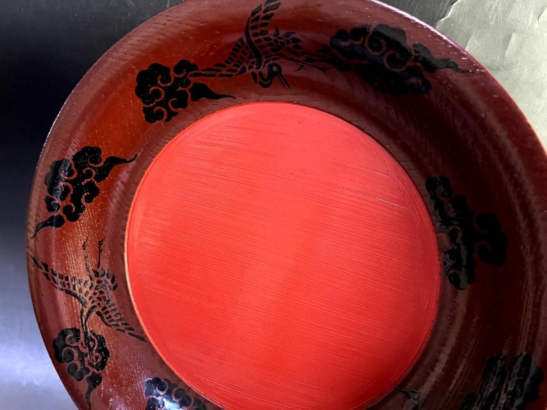 盆■煎茶盆 塗師春久 日の丸菓子盆 菓子器 鶴雲 漆器 共箱 時代物 骨董品■