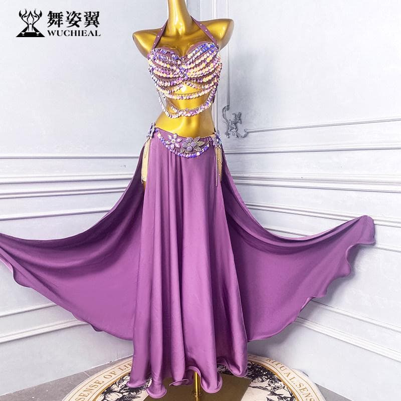 ベリーダンス衣装 パープル ブラトップ＋ロングスカート 高級ビジュー装飾