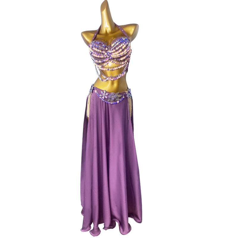 ベリーダンス衣装 パープル ブラトップ＋ロングスカート 高級ビジュー装飾