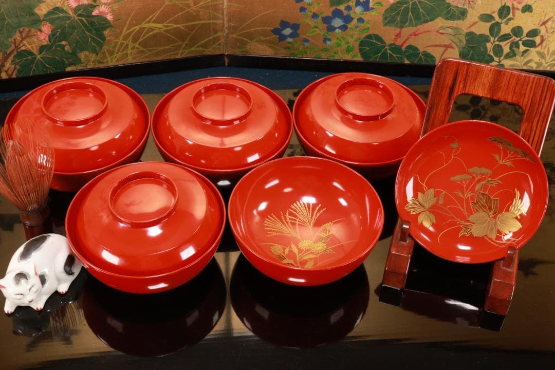 時代輪島塗　草花蒔絵　吸物椀　十客　木製　茶道具　懐石　菓子　BJ134