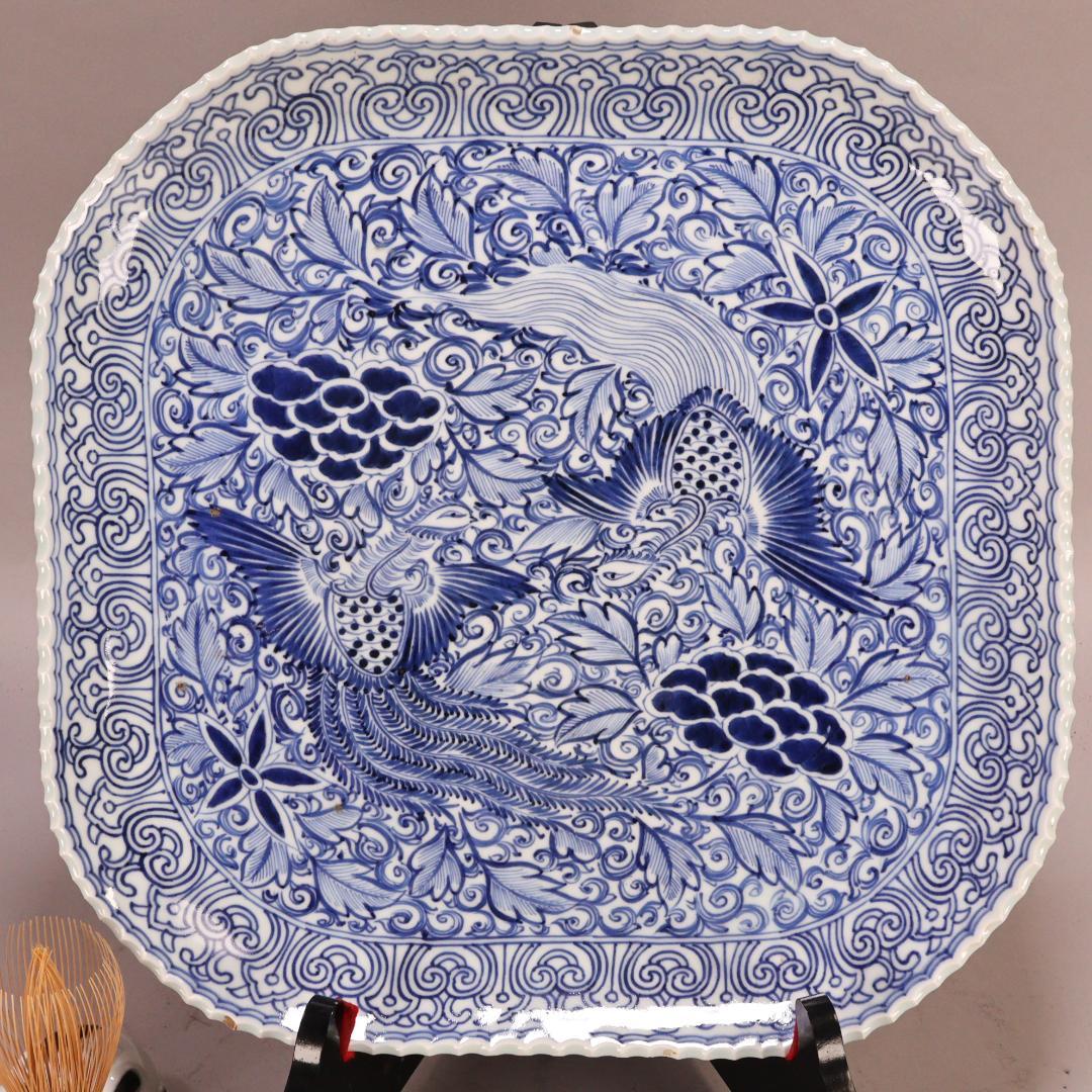 BK304　江戸期　肥前焼　古伊万里　大明成化年製　牡丹鳳凰角切刺身鉢　37㎝