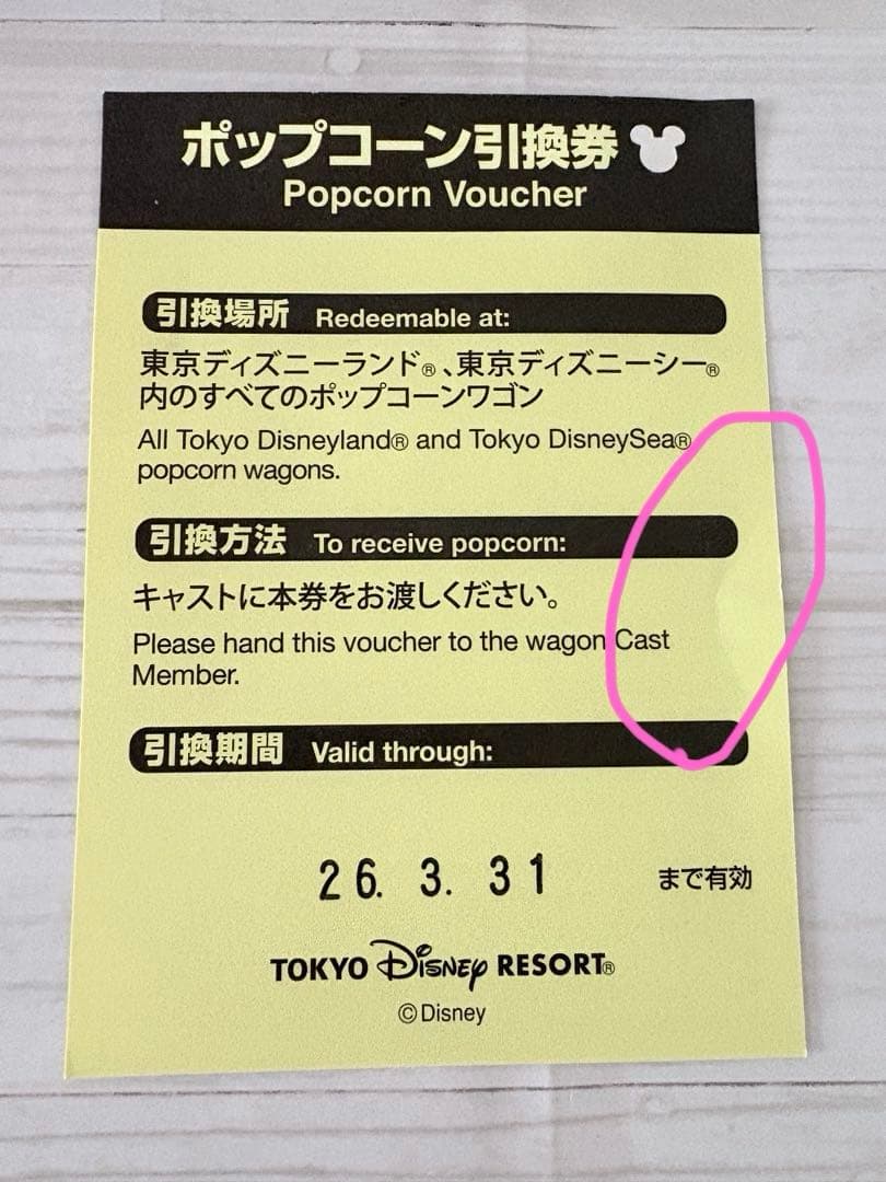 【未使用】ミニーのファンダーランド パルパルーザ ポップコーンバゲット　引換券