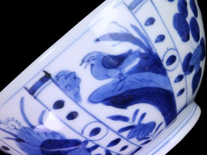 古伊万里　染付　芙蓉手　花鳥紋の図　大振蓋茶碗　F319AS-CXz