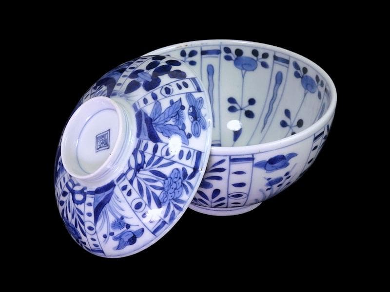 古伊万里　染付　芙蓉手　花鳥紋の図　大振蓋茶碗　F319AS-CXz