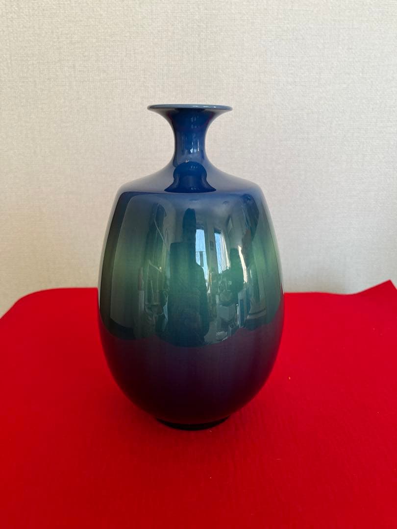 人間国宝 柳雨軒 三代 徳田八十吉 碧明釉 壺 管理T250 共箱 陶歴付