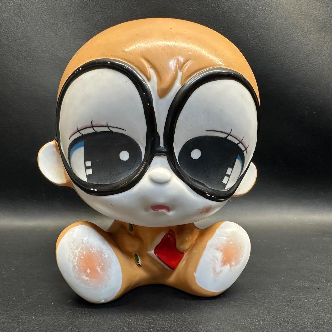 ♡Fa右1012 レトロ 陶器製 貯金箱 猿 黒縁メガネ ヴィンテージ