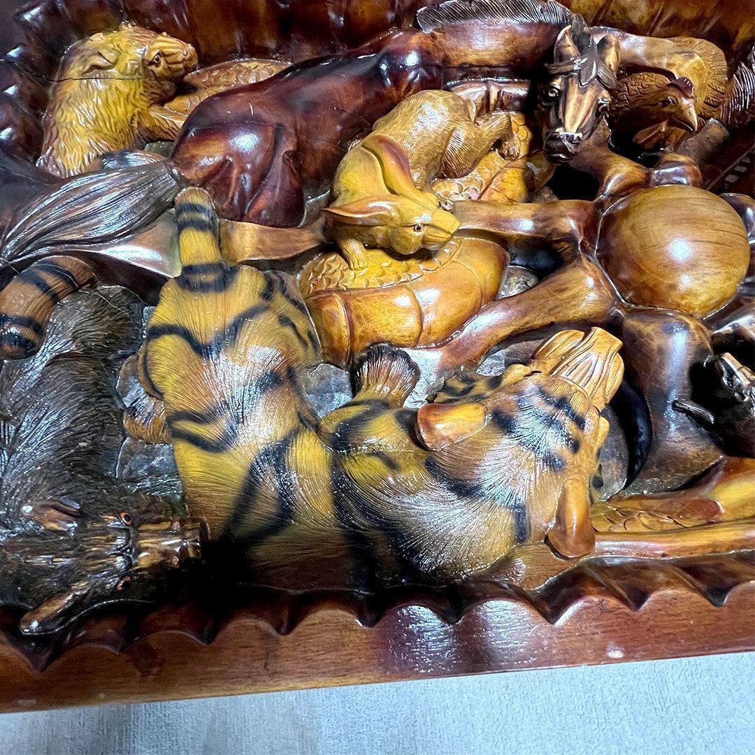 【希少】中国美術 干支 テーブル アンティーク 彫刻 木彫 ガラス天板 縁起物