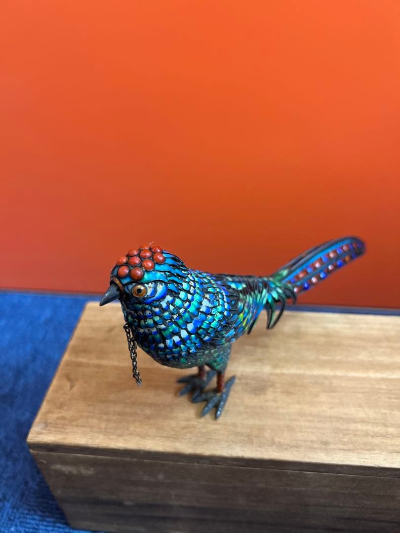 1217 中国美術　銀七宝　珊瑚石細工　鳥　蓋物　置物　工芸品　時代物