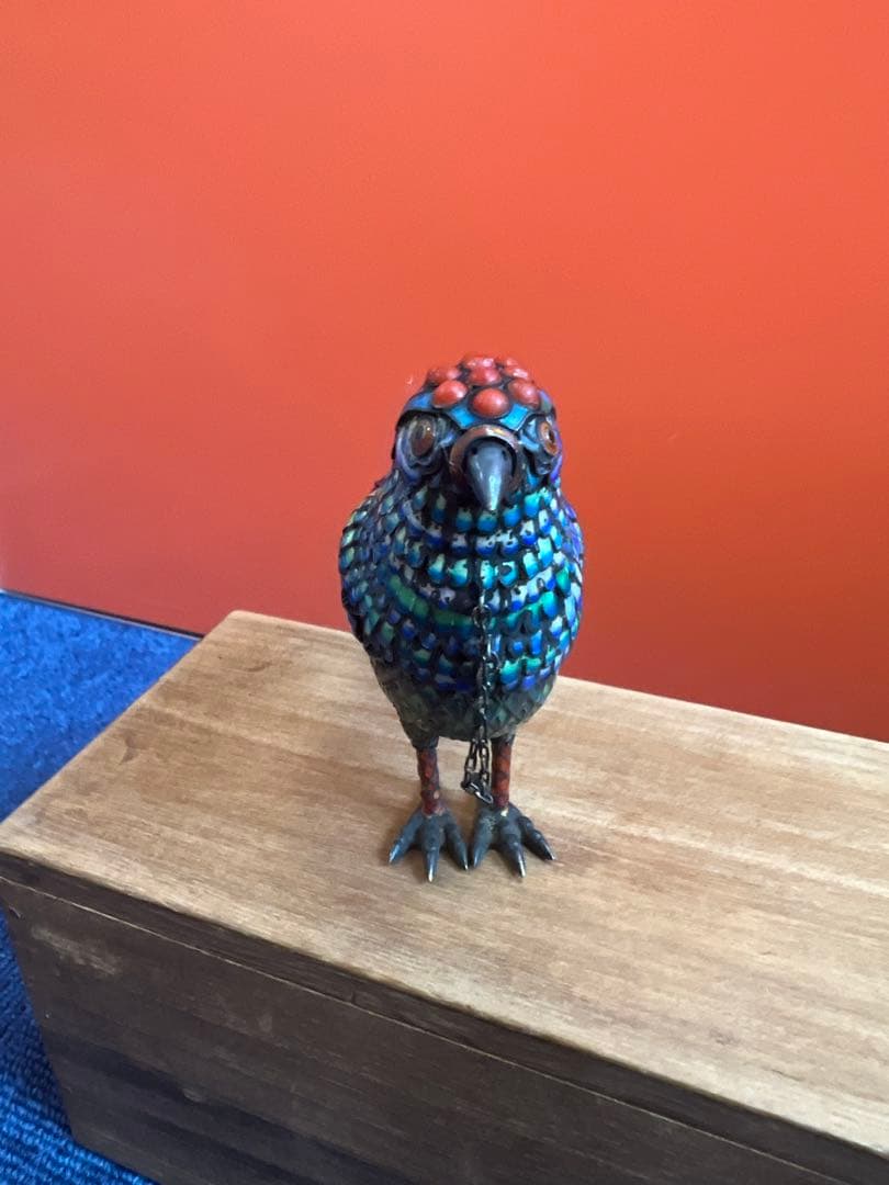 1217 中国美術　銀七宝　珊瑚石細工　鳥　蓋物　置物　工芸品　時代物