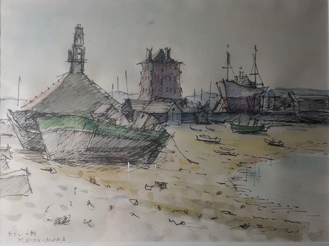 【真筆保証】西村正次筆　水彩肉筆　4号　『カマレの朝』額装　安井展　みずゑ賞候補