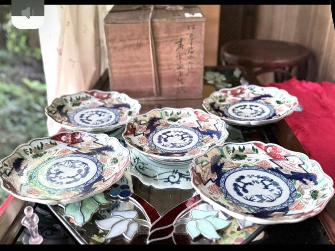 大雪特別価格‼️降誕祭GOLD伊万里錦手　帆かけ舟❌山水❌米俵富貴長春八寸皿5客