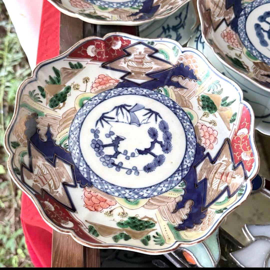 大雪特別価格‼️降誕祭GOLD伊万里錦手　帆かけ舟❌山水❌米俵富貴長春八寸皿5客