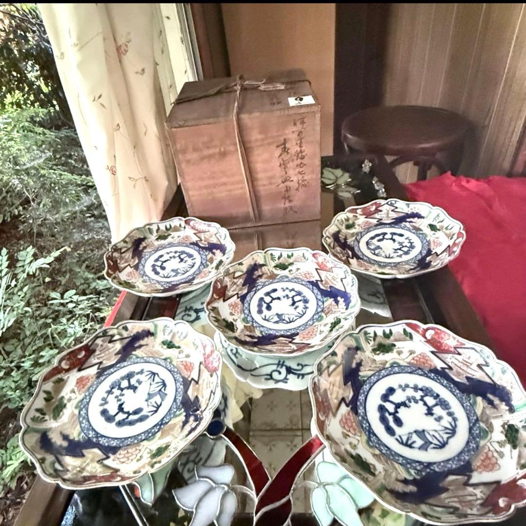 大雪特別価格‼️降誕祭GOLD伊万里錦手　帆かけ舟❌山水❌米俵富貴長春八寸皿5客