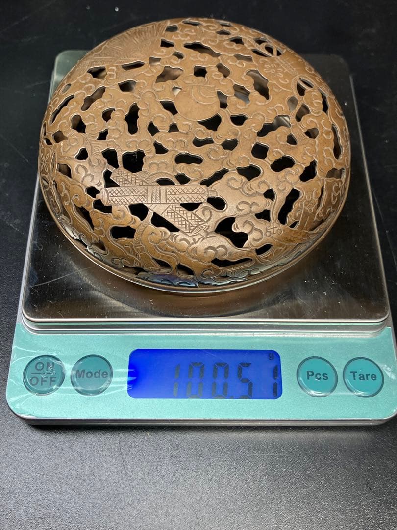 青磁三足純銀火屋香炉 仏具茶道具透かし彫り純銀刻印 銀細工 骨董品 火舎 工芸