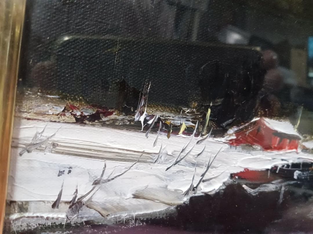 油彩画　葛西四雄作　「水辺」　額付　SM