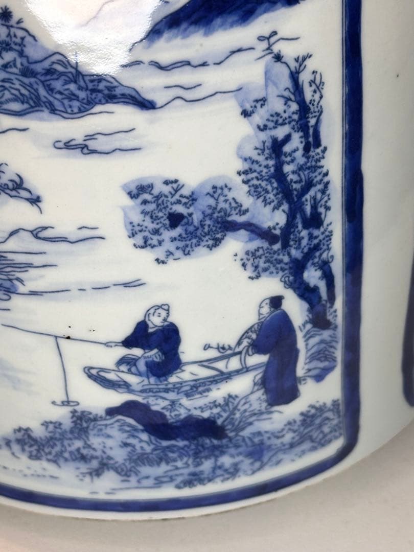 大清康熙年製底款 青花染付 建水 缸 四面開窓人物山水図 时代物 中国古美術