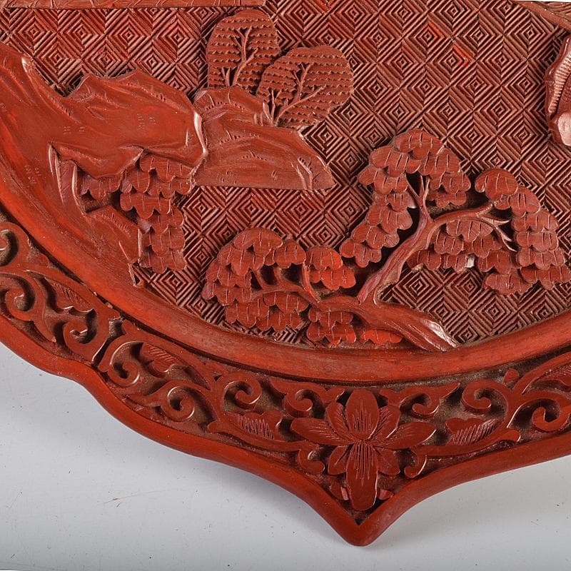 中国　堆朱　山水楼閣彫　針木盆　輪花盆　時代箱付　F　R8632