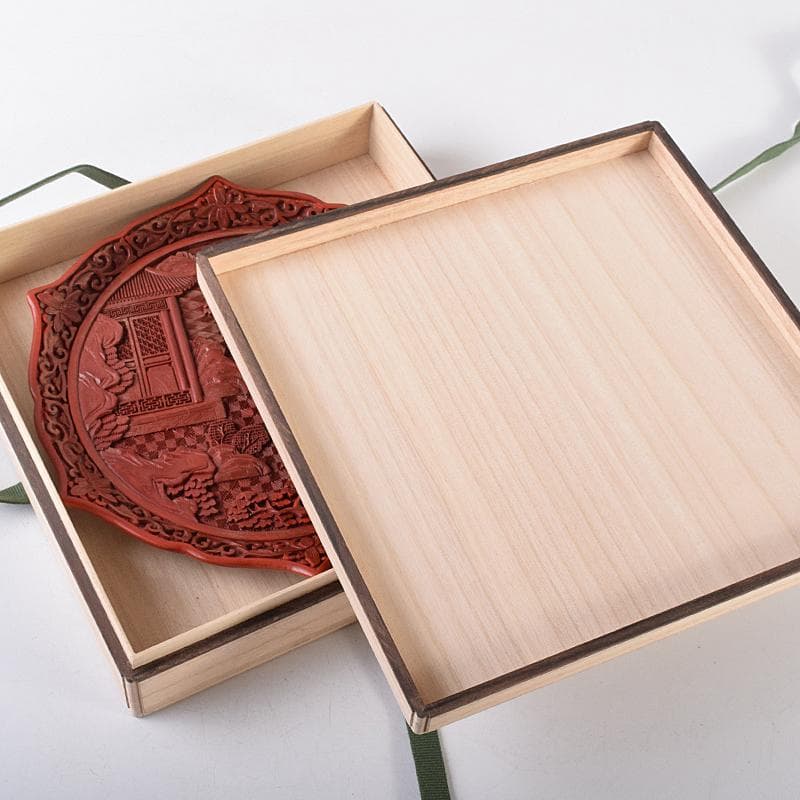 中国　堆朱　山水楼閣彫　針木盆　輪花盆　時代箱付　F　R8632