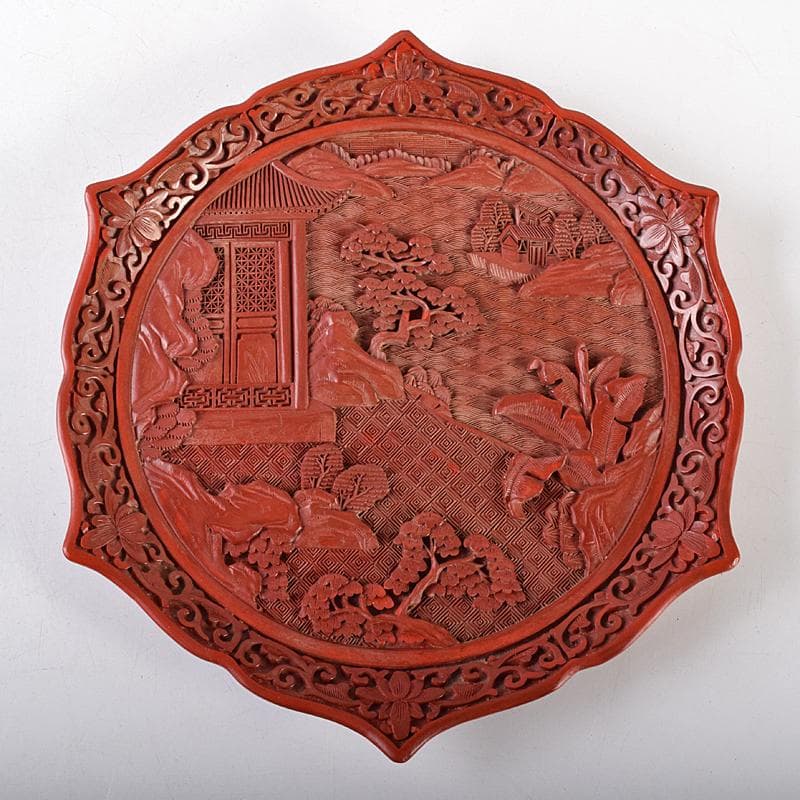 中国　堆朱　山水楼閣彫　針木盆　輪花盆　時代箱付　F　R8632