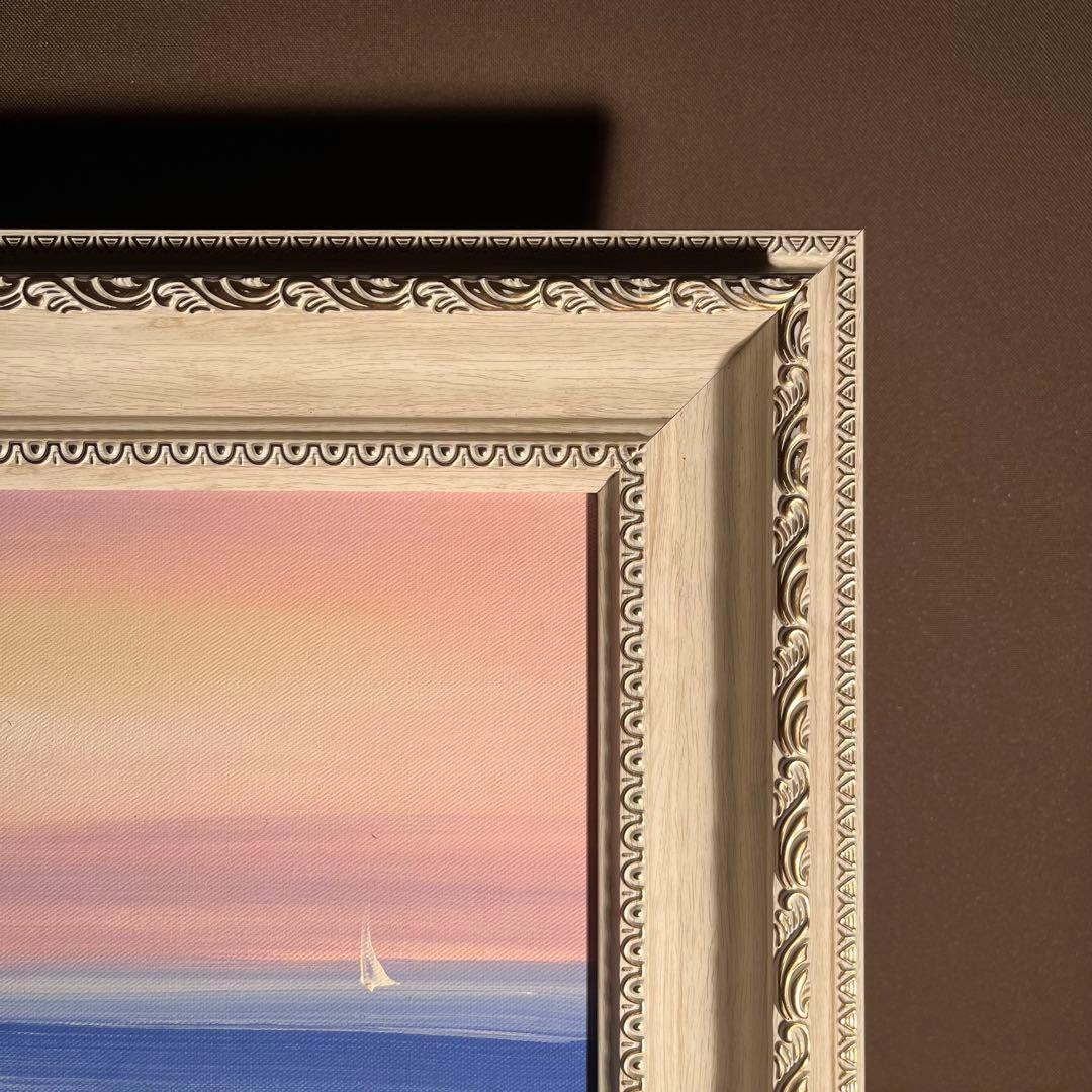 手描き油絵 夕暮れの海岸 額付 肉筆絵画 インテリア 油彩画