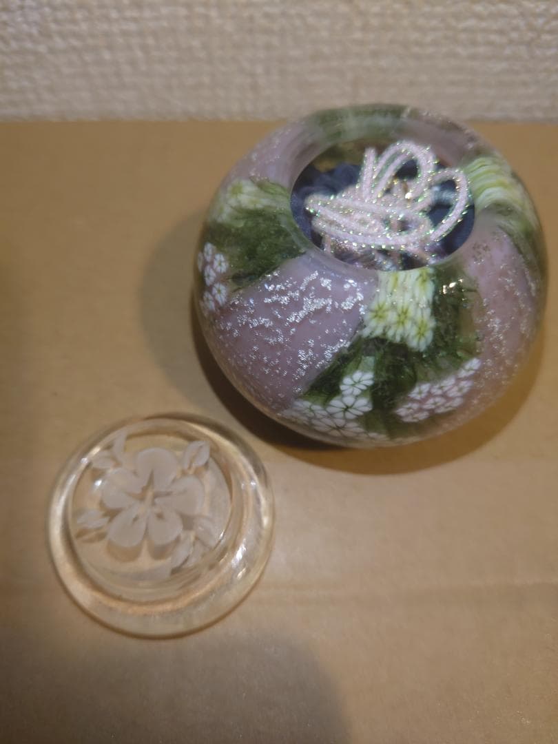 【未使用】ガラス作家　藤原奈津江作品　吹きガラス茶器「花子」共箱及び専用巾着袋付