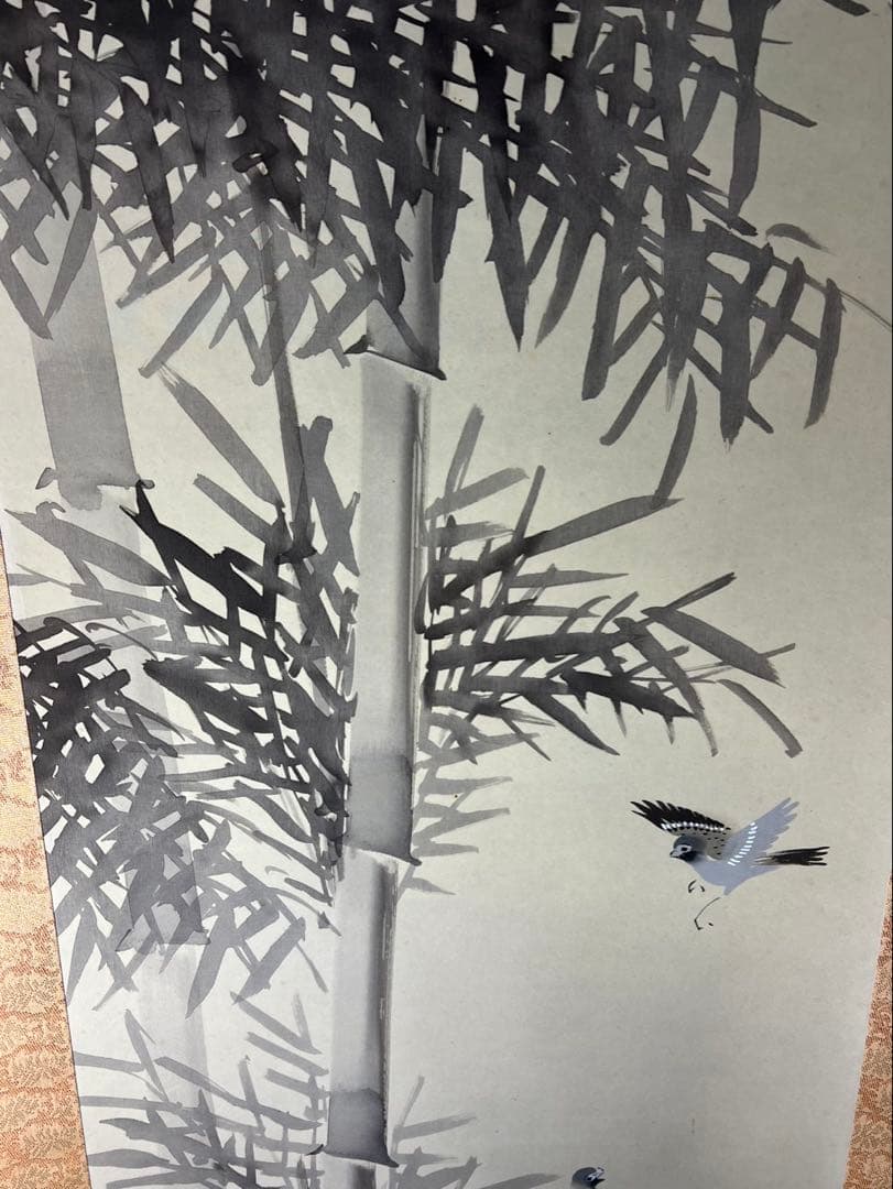 水墨画　縁起物墨竹と雀　 筆者舟峰　未使用美品箱無超得