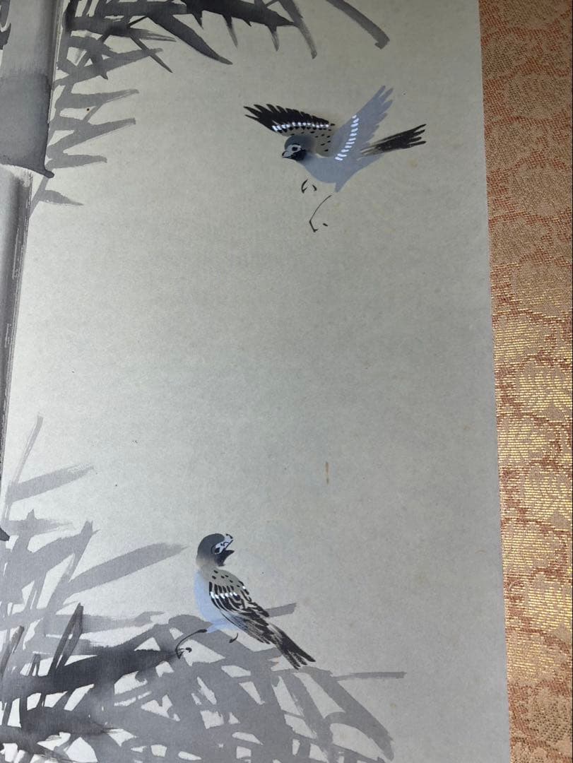 水墨画　縁起物墨竹と雀　 筆者舟峰　未使用美品箱無超得
