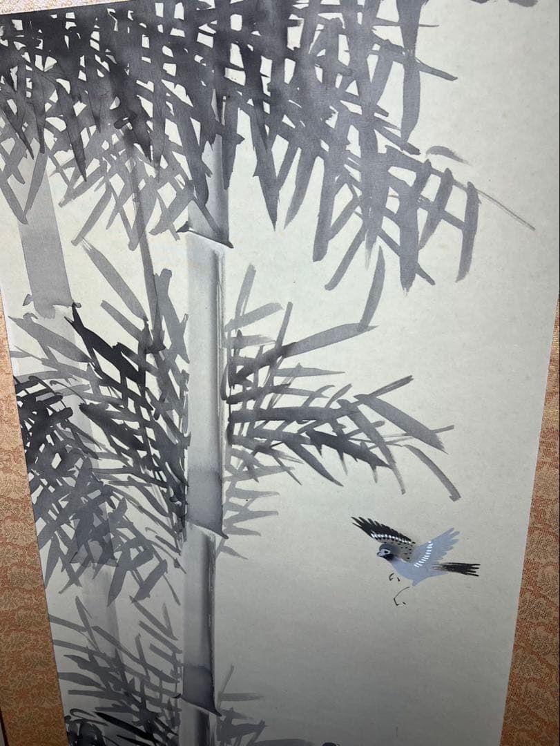 水墨画　縁起物墨竹と雀　 筆者舟峰　未使用美品箱無超得
