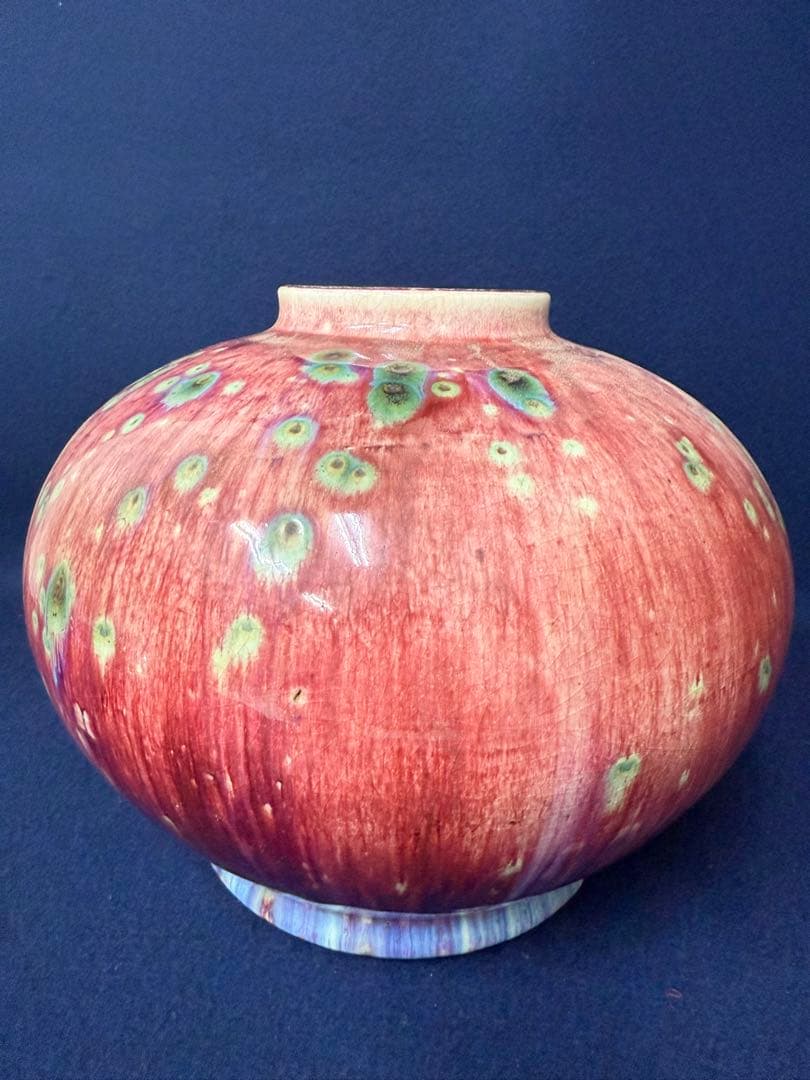 花器 花瓶 飾壺 辰砂釉 孔雀釉 中国美術 重さ約6.4kg 木箱 骨董品