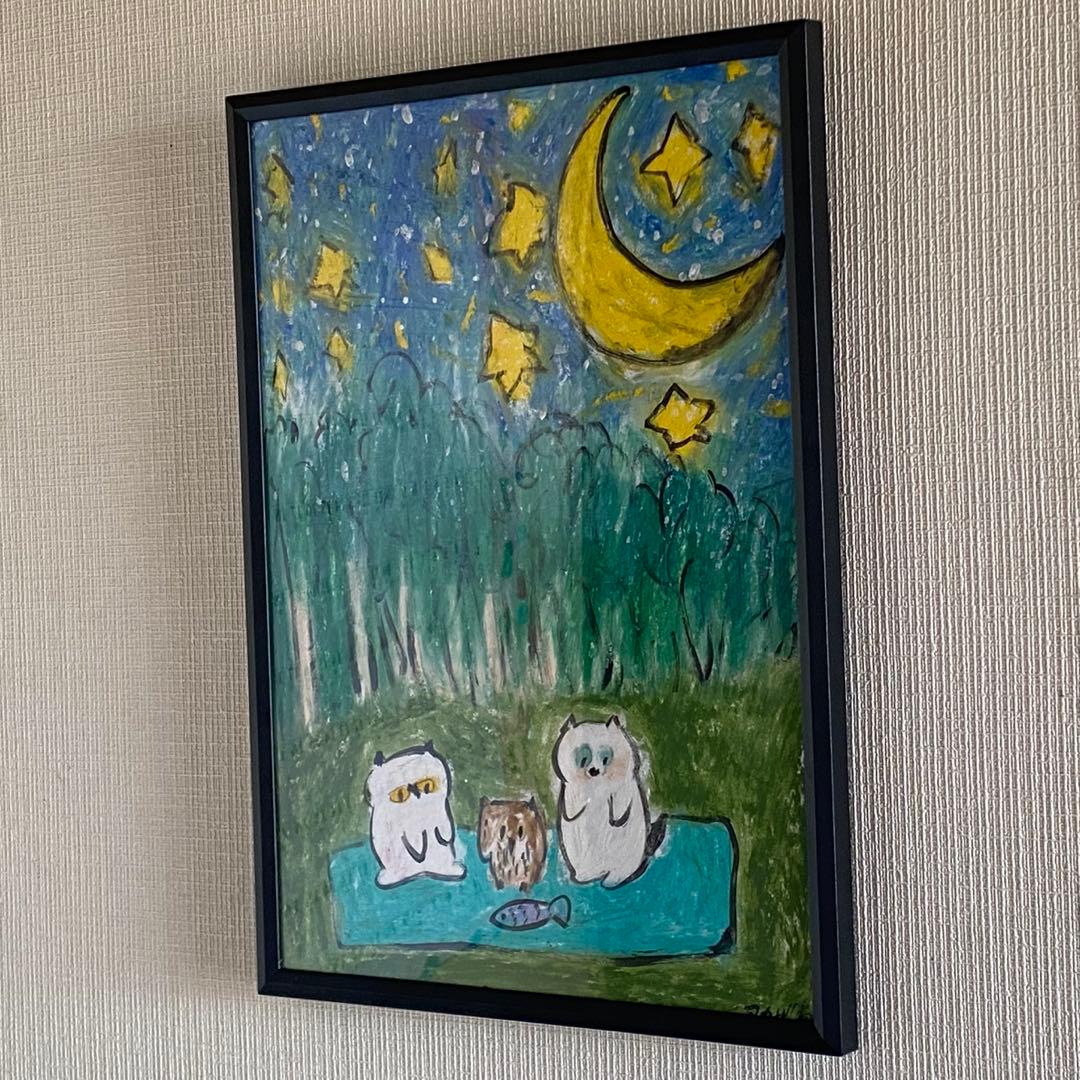 絵画 。壁掛け絵原画手描き【美しい月夜、猫たちとフクロウのデート】