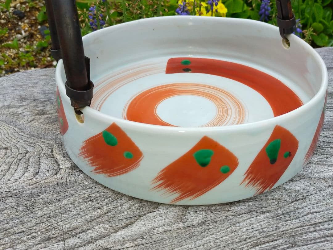 ♥九谷　鉢　銅の持ち手付き　菓子鉢　茶道具　骨董　古玩　レトロ　アンティーク