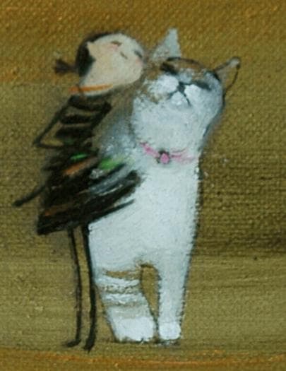 油絵 菅家令子絵 絵画インテリア額付(青緑＋金色の枠)F3-030919猫犬女子