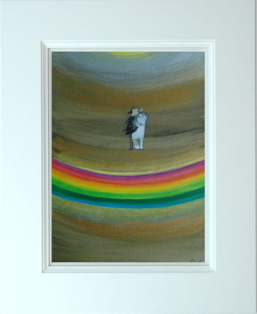 油絵 菅家令子絵 絵画インテリア額付(青緑＋金色の枠)F3-030919猫犬女子