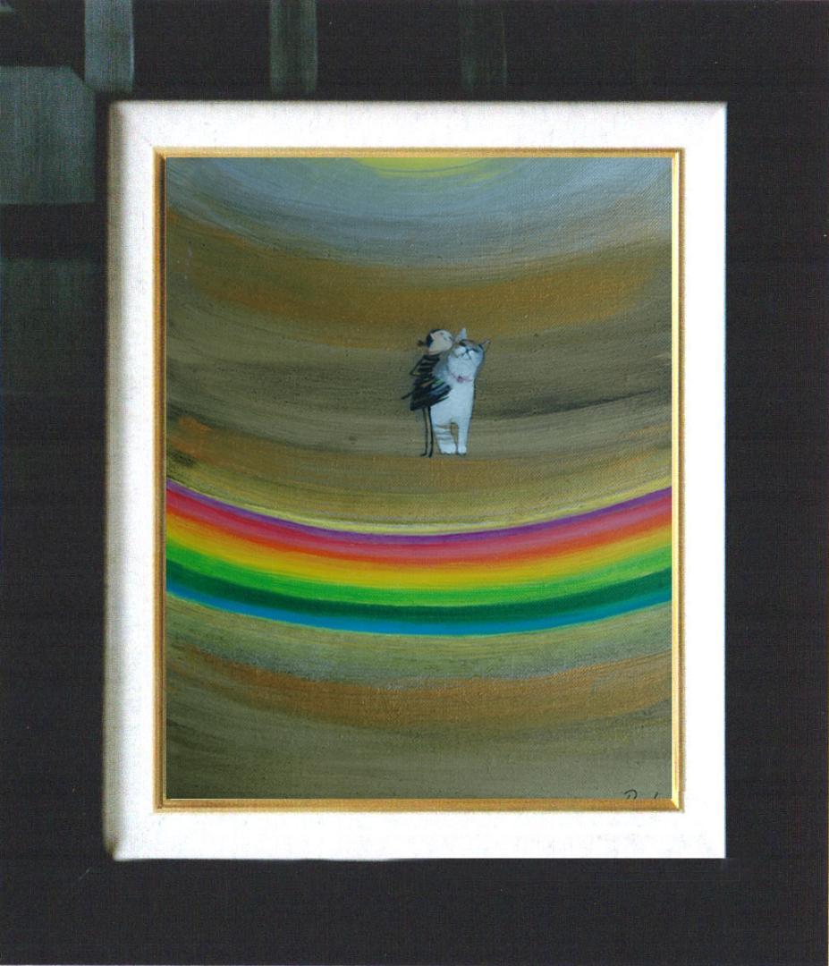 油絵 菅家令子絵 絵画インテリア額付(青緑＋金色の枠)F3-030919猫犬女子