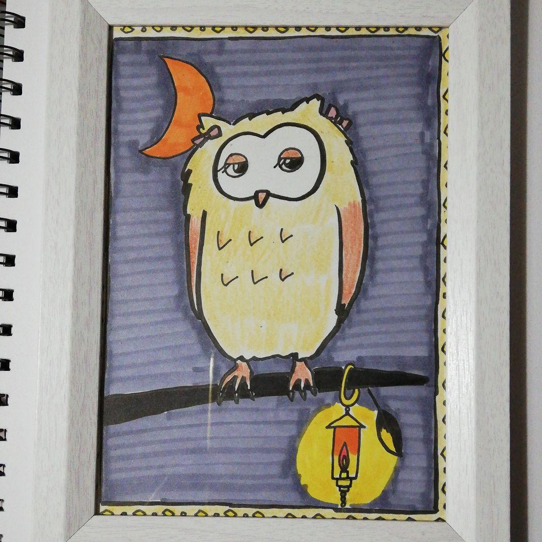 幸運フクロウ「オリジナルイラスト絵画」２L判サイズ