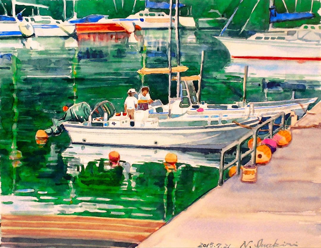 水彩画 ヨットと港の風景 N. Iwakiri 額装済み 原画 F6サイズ