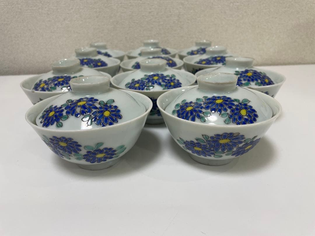 【現状品】白磁 茶碗 蓋付き椀 秋庭菊花香 花柄 レトロ アンティーク 11客