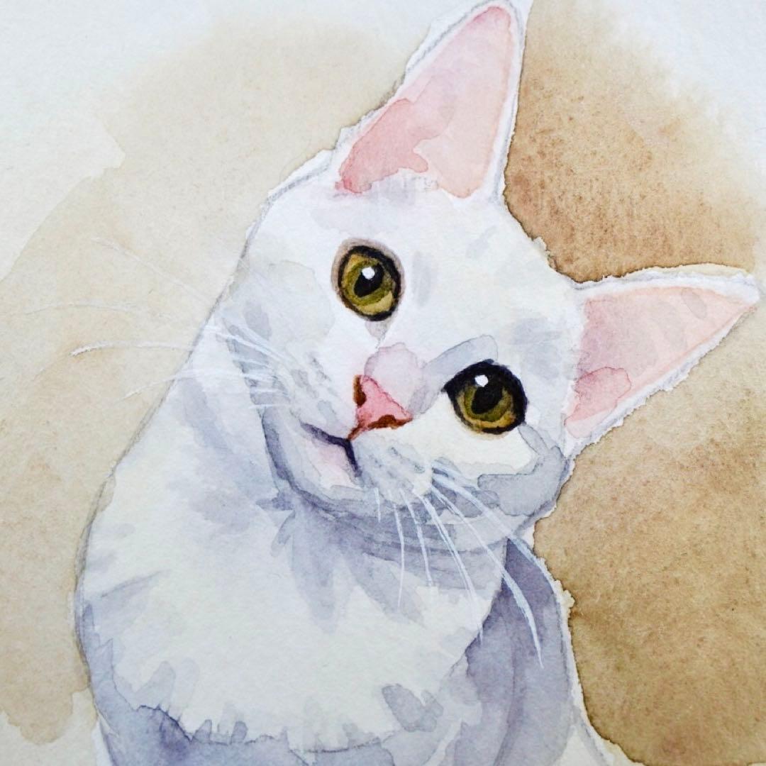 猫の絵 377 水彩画 原画 白猫 ポストカードサイズ