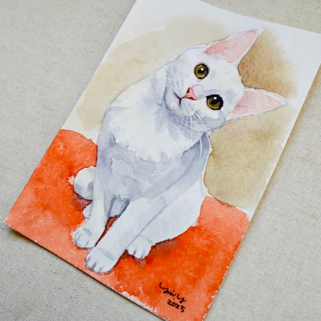 猫の絵 377 水彩画 原画 白猫 ポストカードサイズ