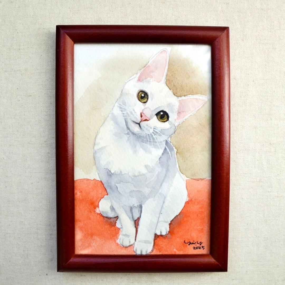 猫の絵 377 水彩画 原画 白猫 ポストカードサイズ