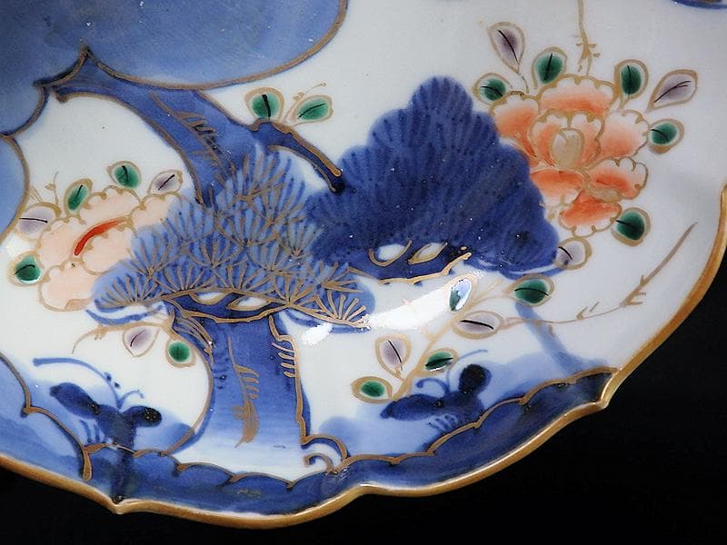 古伊万里　染付　三蓋松に牡丹の図　大膾皿　２客　江戸期　B231AS-CAj